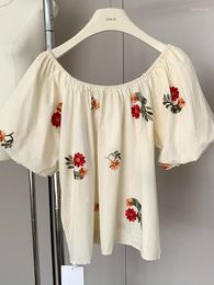 Women's Blouses Women Slash Neck Short Sleeve Embroidery Floral Apricot Off Shoulder Shirts Cute Sweet Girls Korean Designer Tops