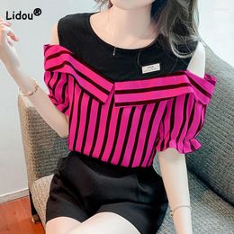 Women's Blouses Women's Fashion Korean Striped Printed Off Shoulder Shirt Summer All-match Casual Two Piece Set Spliced Blouse Female