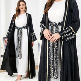 Ethnic Clothing 2023 Black White 2Pcs Open Abaya Leaf Sleeve Dress Women Arabic Muslim Cardigan Islam Dubai Turkey Modest Overblouse