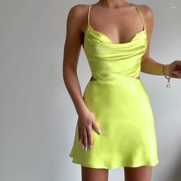 Casual Dresses Women Slip Dress Summer Solid Colour Party Beach Clothing Low Cut Neck Tie-up Bandage Backless Spaghetti Strap Vestidos Sexy
