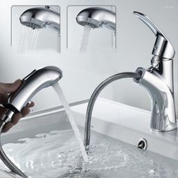 Bathroom Sink Faucets 2 Color Brass Body Cold Water And Faucet Black / Chrome Plated Single Hole Wash Basin Mixing Valve Pullable Shower Tap