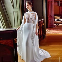 Exquisite Mermaid Wedding Dresses With Shawl Scoop Neck Lace Appliques Satin Bridal Gown Sweep Train Fish Tail Mariee Robe De Novia 326 326