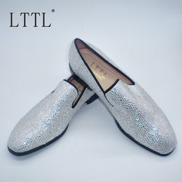 High Quality Fashion White Rhinestone Loafers Shining Italian Crystal Shoes Men Handmade Dress Shoes Mens Flats Wedding Shoes