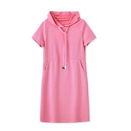 2023 Summer Pink Solid Color Dress Short Sleeve Hooded Collar Knee-Length Casual Dresses W3L046211