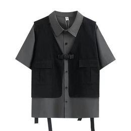 2022 Summer Suit For Men And Women Korean Loose Short-Sleeved Shirt+Functional Wind Frock Vest Loose Joker Two-Piece Suit