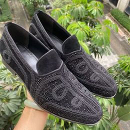 New Arrival Black Mens Suede Shoes Fashion Rhinestone Loafers Luxury Leather Dress Shoes For Men Crystal Party And Wedding Shoes