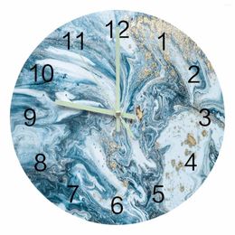 Wall Clocks Marble Blue And Gold Abstract Luminous Pointer Clock Home Ornaments Round Silent Living Room Office Decor