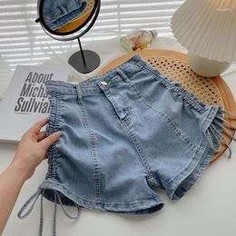 Women's Jeans High Waist Wide Leg Denim Shorts For Women's Summer Drawstring Elastic A Line Pants With Straps Tight Solid Colour