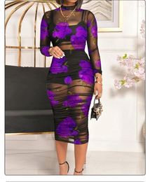 Casual Dresses Mesh Patchwork Midi Dress Women Sexy See Through High Stand Collar Long Sleeve Bodycon Female Party Knee Length Robe