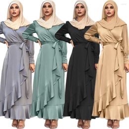 Ethnic Clothing Eid Ramadan Abaya Dubai Muslim Kaftan Satin Women V-neck Hijab Dress Ruffle Long Islamic Arab Maxi Robe Turkey Vestidos