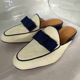 Butterfly Knot Loafers Beige Woven Pattern Summer Casual Shoes Handmade Slip On Flats Mules Shoes Men Slippers Shoes