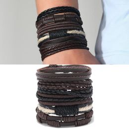 Charm Bracelets Vintage Bracelet For Men Hand Woven Wax Rope Cowhide Jewelry PU Leather Multi-layer Six Piece Set