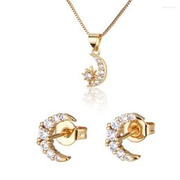 Necklace Earrings Set Exquisite Gold Plated Moon Stars Pendant Stud Jewellery Cocktail Party Zircon Crystal Birthday Gift