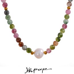 Pendant Necklaces Yhpup Multicolor Natural Tourmaline Stone Pearl Semi Beads Luxury Ladies Necklace Handmade Stainless Steel Jewellery Gift 230621