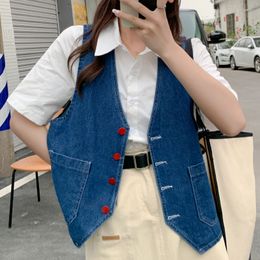 Korean Style V-Neck Denim Vest for Women 2022 Vintage Single Breasted Jeans Waistcoats Woman Short Sleeveless Outerwear