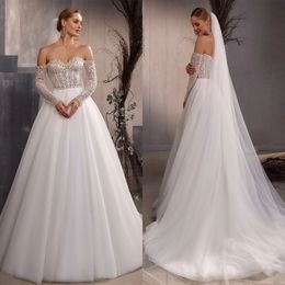 Elegant A-line Wedding Dresses Sweetheart Off the Shoulder Sequins Tulle Backless Zipper Court Gown Custom Made Zipper Plus Size Bridal Dress Vestidos De Novia