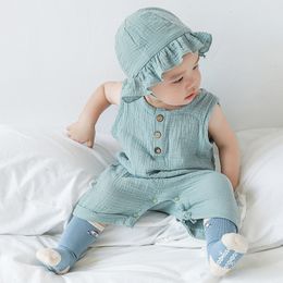 Rompers Toddler Boys Girls Set Summer Rompershat Solid Sleeveless Organic Cotton Button Romper Jumpsuits Unisex Infant Baby Clothes 230625