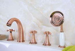 Bathroom Sink Faucets Antique Red Copper Brass Deck 5 Holes Bathtub Mixer Faucet Handheld Shower Widespread Set Basin Water Tap Atf204