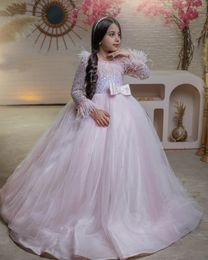 Pink Pearl Feather Flower Girls Dresses For Weddings Ball Gown Birthday Children Dress Girl Pageant Gowns