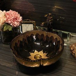 Flower shape China Artistic Porcelain Handmade Lavabo Bathroom Vessel Sinks ceramic wash basin counter blackgood qty Sofle