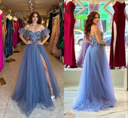 A Plus Size Line Prom Dresses Long for Women Sweetheart Satin Backless Tulle Lace Applique High Side Split Formal Ocn Evening Pageant Birthday Party Gowns pplique