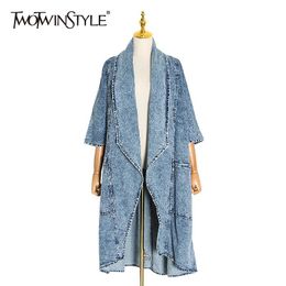 Blends Twotwinstyle Vintage Denim Women Windbreaker Lapel Collar Half Sleeve High Waist Trench Coats Female Fashion Clothing 2020