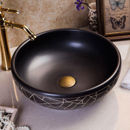 Porcelain Cloakroom Round Wash Basin Lavabo Counter top Sink Vessel Bathroom Hand Paint Art Wash Bowl black Kbtkm