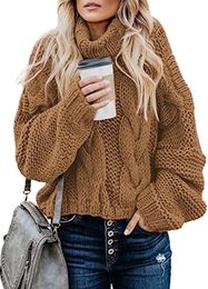 Fashion Women's Knits Turtle Cowl Neck Solid Colour Soft Comfy Cable Knit Pullover Sweaters S-2XL