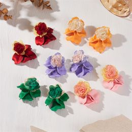 Korean Fabric Flower Drop Earrings for Women Rose Pink Colour Vintage Petal Long Hanging Earrings Monther Gifts Accessories