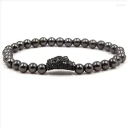 Strand Trendy Black Gun Plated Leopard Head With Cubic Zirconia Stretchy Bracelet Metal Ball Beads Jewellery