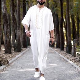 Ethnic Clothing Men Muslim Islamic Dubai Arabic White Loose Long Robes Abaya Print Short Sleeve Shirt Kaftan Turkish Traditional Dress