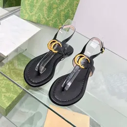 Designer WOMEN'S DOUBLE THONG SANDAL Light green white black leather Gold-toned hardware luxury shoes Beach slippers 04