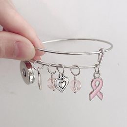 Bracelets New Arrival Wholesale10pcs Snap Jewelry Pink Ribbon Breast Cancer Believe Bracelet Expandable Wire Bangle Free Shipping Pulsera