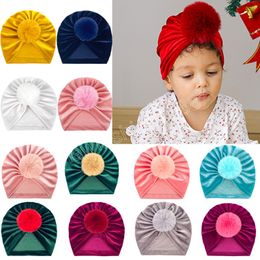 Infant Soft Comfortable Golden Velvet Cap Fashion Fluffy Ball Toddler Warm Hat Newborn Headwear Photo Props Holiday Gift