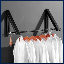 Hangers Racks Wall Mounted Folding Clothes Drying Rod Outdoor Balcony Invisible Space Aluminium Clothing Rack Home Bathroom Accessories 230625