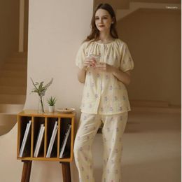 Women's Sleepwear Stylish And Breathable Summer Pyjama Set - Women's Pastoral Cotton Gauze Printed Short Sleeve Top Pants Perfect For