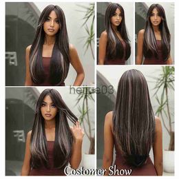Synthetic Wigs Dome Cameras Long Straight Synthetic Wigs Brown With Golden Highlight Wigs With Bangs for Women Cosplay Daily Natural Hair Wig Heat Resistant x0626