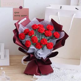 Decorative Flowers Rose Crochet Hand Woven Artificial Immortal Arrangement Flower For Vase Home Office Desktop Decor Wedding