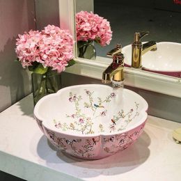 Flower and bird pink Colour Bathroom Lavabo Ceramic Counter Top Wash Basin Cloakroom Porcelain Vessel Sink wash basin sinkgood qty Eqgcg