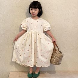 Girl Dresses Children Clothing 2023 Fashionable Girls Dress Spring Summer Embroidered Cherry Bubble Sleeve Korean Baby Princess