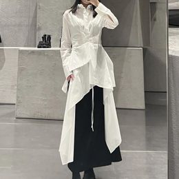 Women's Blouses SuperAen Asymmetric Design Lace Up Chest Strap Irregular Long Hem Layered Shirt Black And White Dress