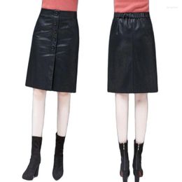 Skirts PU Skin Skirt Female Spring Autumn Black All-Match Loose Tight Waist Midi Bag Hip Split Fork A Word Ladies