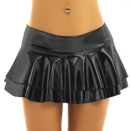 Stage Wear Womens Shiny Metallic Low Rise Skirts Casual Double Layered Ruffled Mini Skirt Stretchy Dance Costume For Music Festival