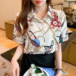 Women's Blouses 2023 Summer Women Blouse White Chain Print Short Sleeve Chiffon Shirts Elegant Fashion Formal Office Lady Top