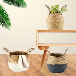 Storage Bags Handmade Woven Basket Garden Flower Pot Planter Patchwork Sundries Textile Organizer Natural Sea Straw