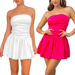 Casual Dresses Women Tube Dress Evening Party Summer Clothes Strapless Solid Color Ruched Flared Mini A-Line Sexy Club Streetwear