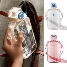 Tea Cups Summer Bottle Beautiful Strap Water Cup Girls BPA FREE Plastic Travel Sport Transparent Flat Square Drink 230626