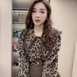 Women's Blouses Westernised Leopard Pattern Lace Double Layer Doll Neck Long Sleeve Blouse Shirt Women 2023 Spring Loose Female Top