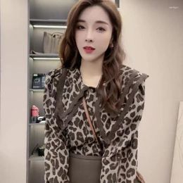 Women's Blouses Westernized Leopard Pattern Lace Double Layer Doll Neck Long Sleeve Blouse Shirt Women 2023 Spring Loose Female Top