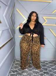 Tracksuits Plus Size Leopard Print Two Pieces Set Turn Down Collar Lace Up Blouse Top Wide Leg Pants Women Tracksuit Fashion Casual Outfits